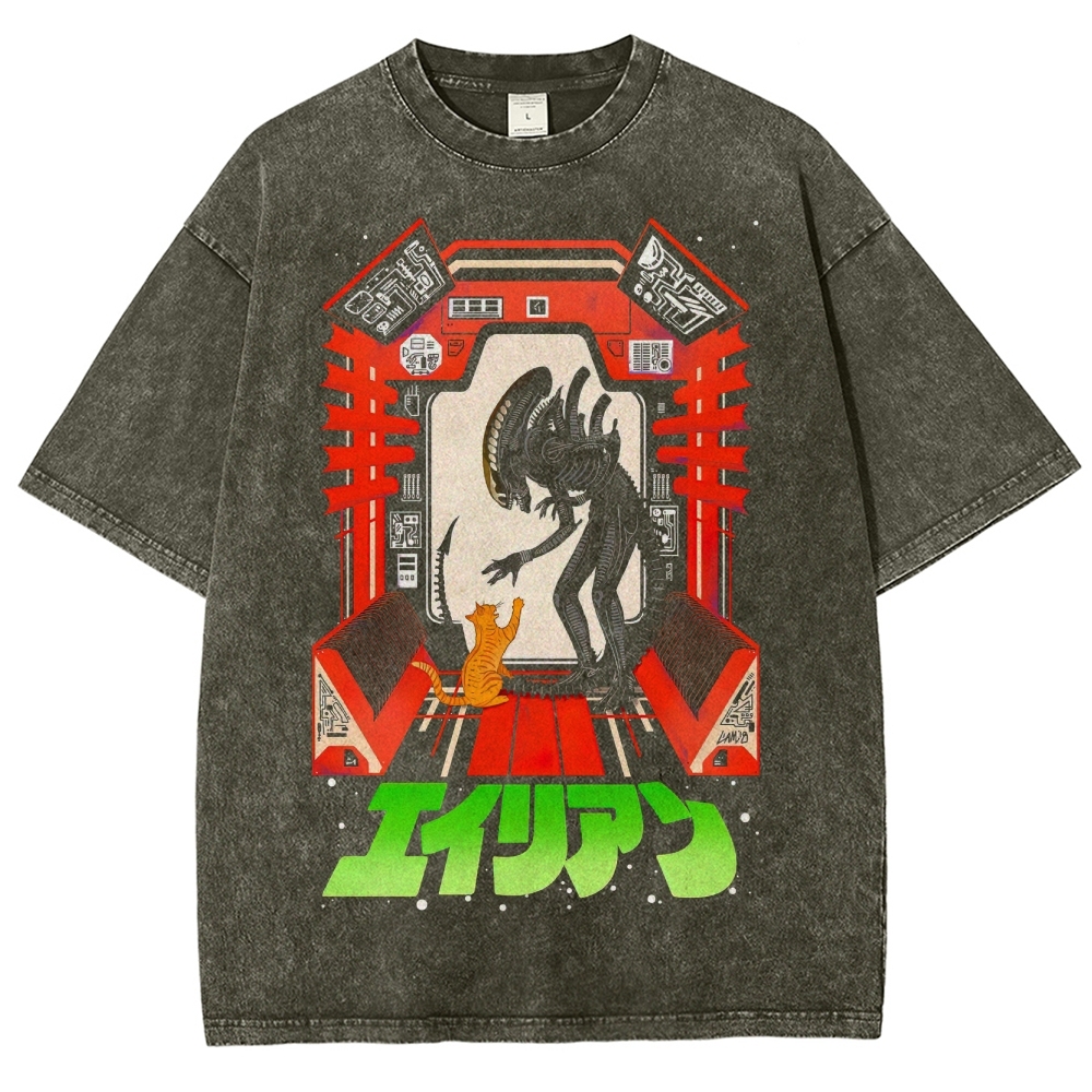 Retro "Alien & Cat" Sci-Fi Anime-Style Graphic Washed T-Shirt