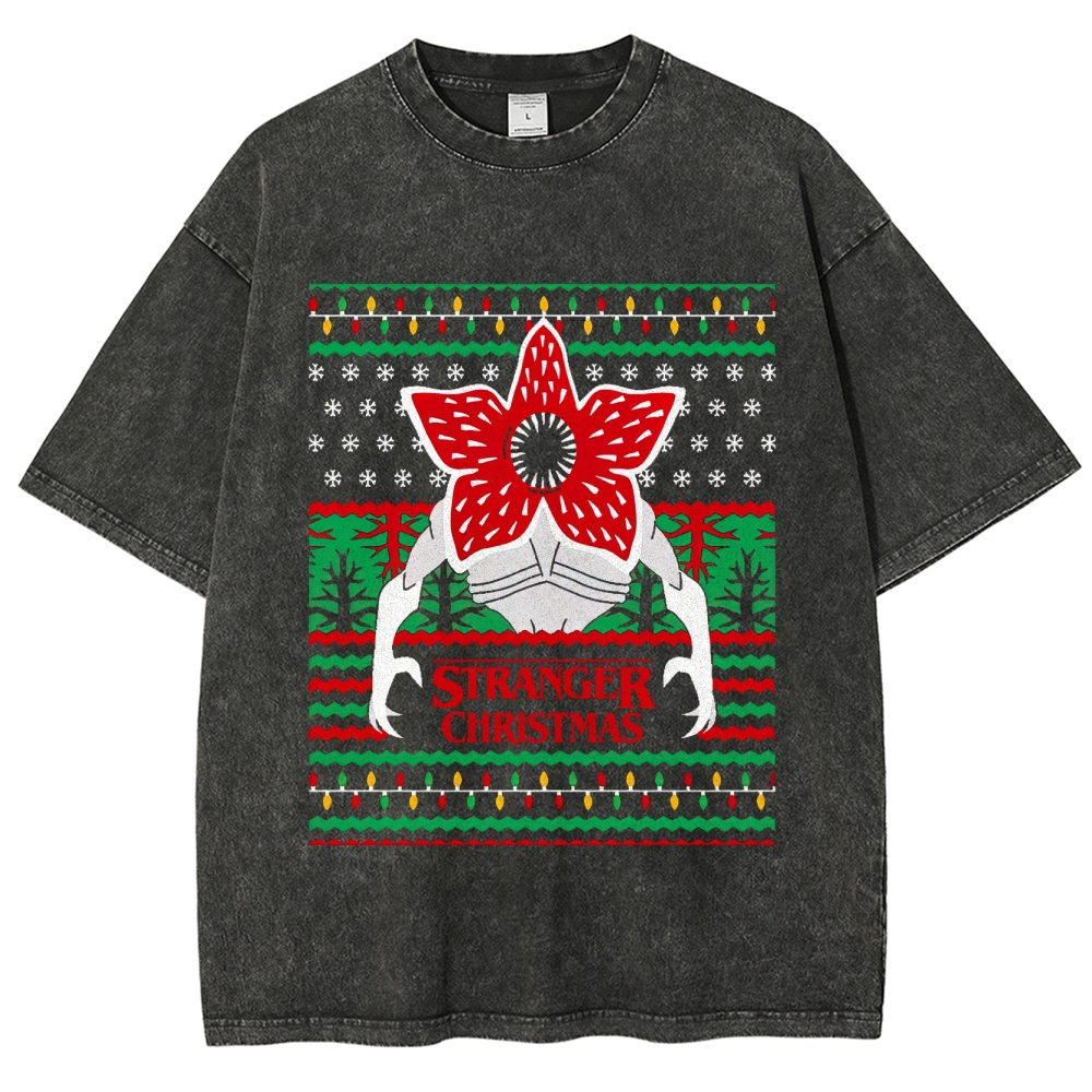 Retro "Stranger Christmas" Holiday Creature Ugly Sweater-Style Graphic Washed T-Shirt