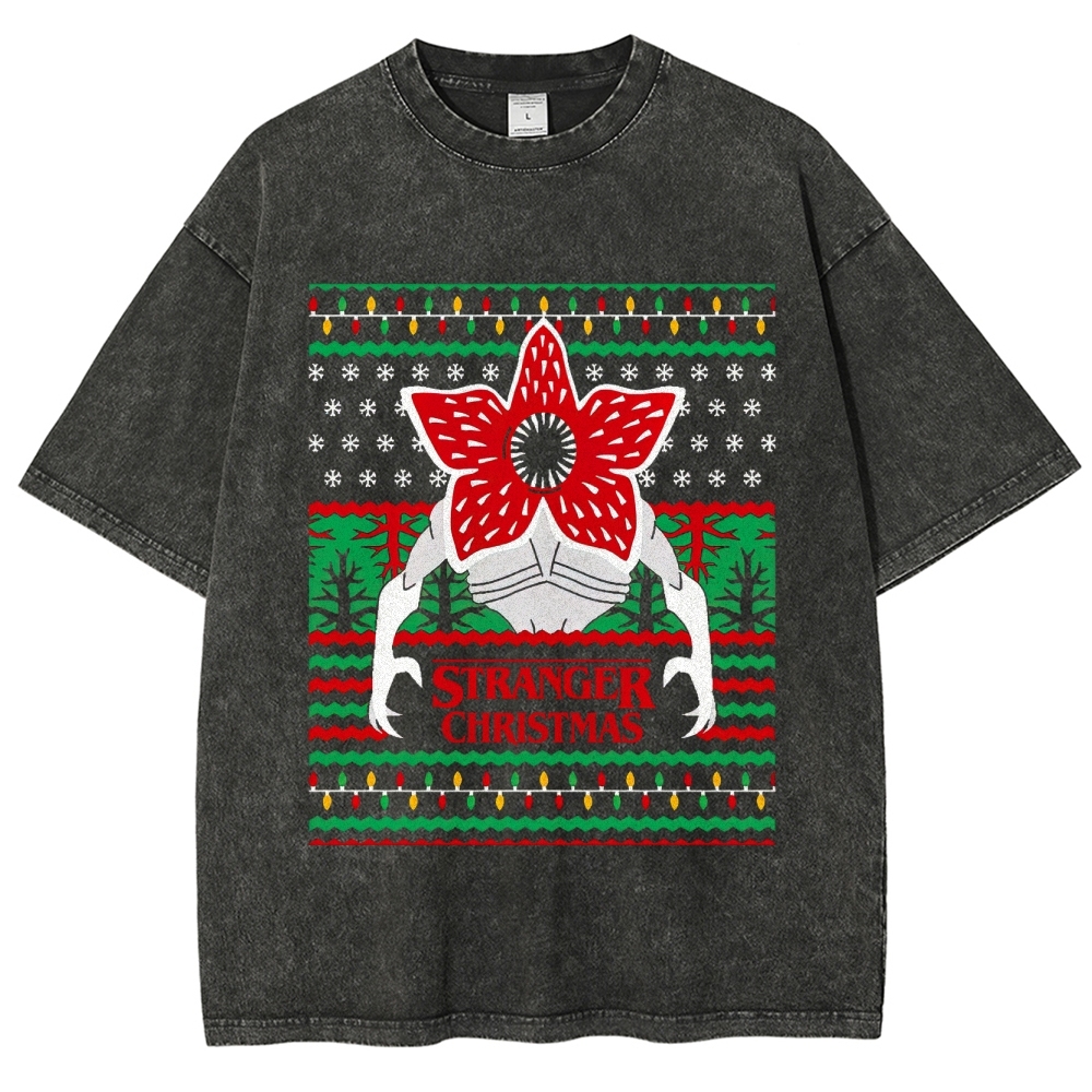 Retro "Stranger Christmas" Holiday Creature Ugly Sweater-Style Graphic Washed T-Shirt