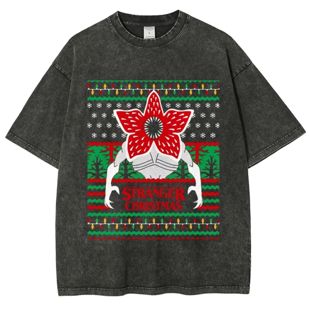 Retro "Stranger Christmas" Holiday Creature Ugly Sweater-Style Graphic Washed T-Shirt