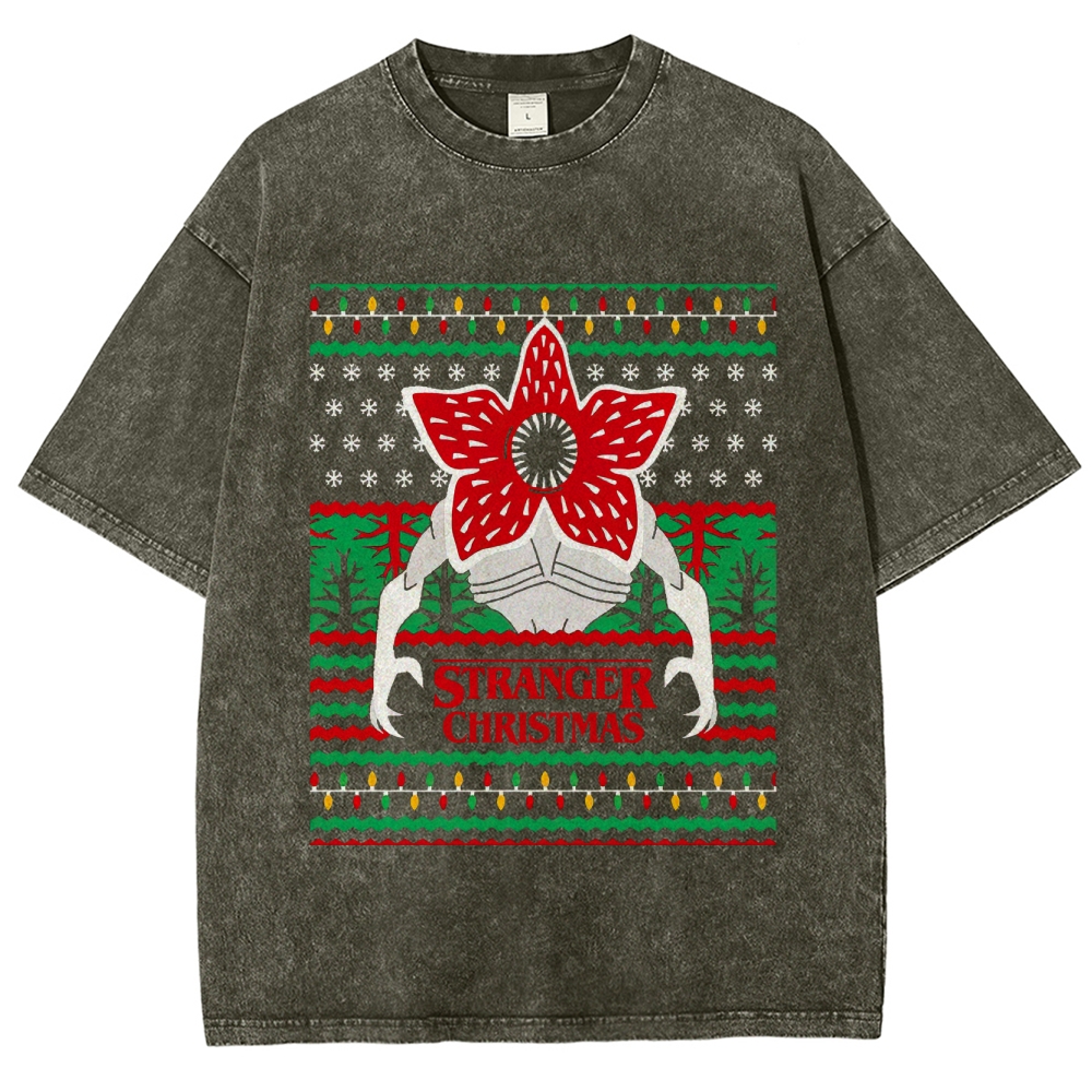 Retro "Stranger Christmas" Holiday Creature Ugly Sweater-Style Graphic Washed T-Shirt