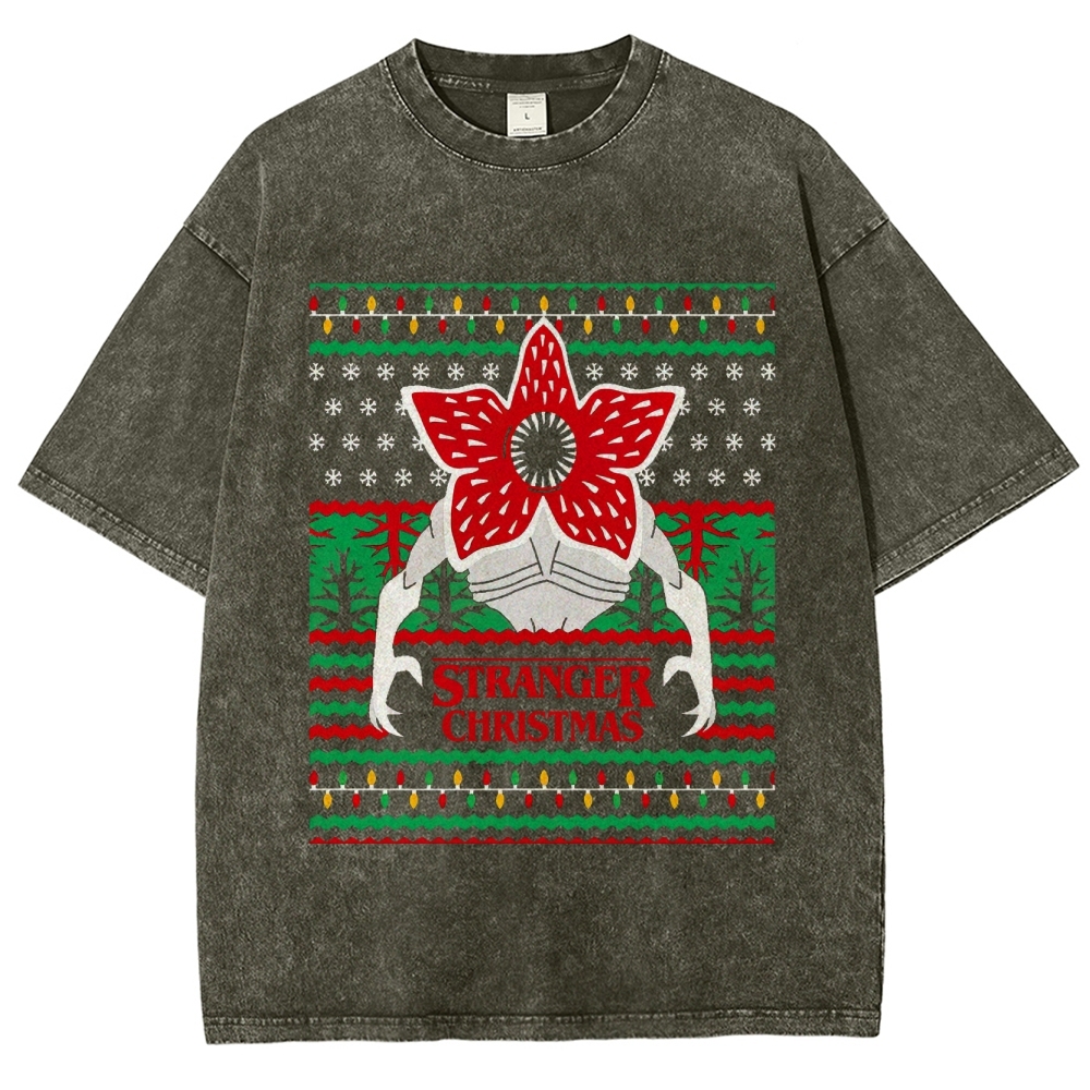 Retro "Stranger Christmas" Holiday Creature Ugly Sweater-Style Graphic Washed T-Shirt