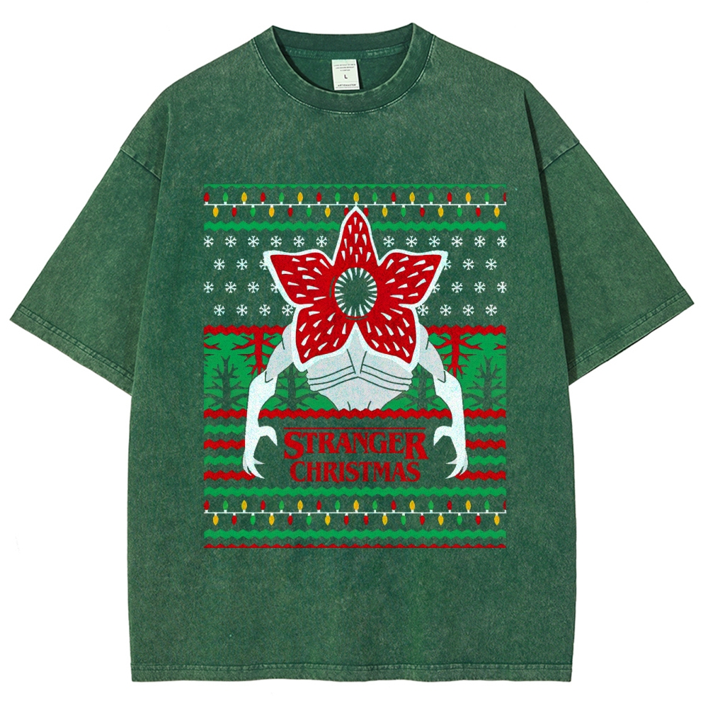 Retro "Stranger Christmas" Holiday Creature Ugly Sweater-Style Graphic Washed T-Shirt