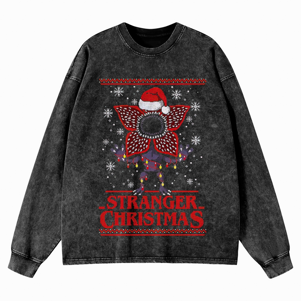 Retro "Stranger Christmas" Festive Creature Ugly Sweater-Style Graphic Washed Long-Sleeved T-Shirt 