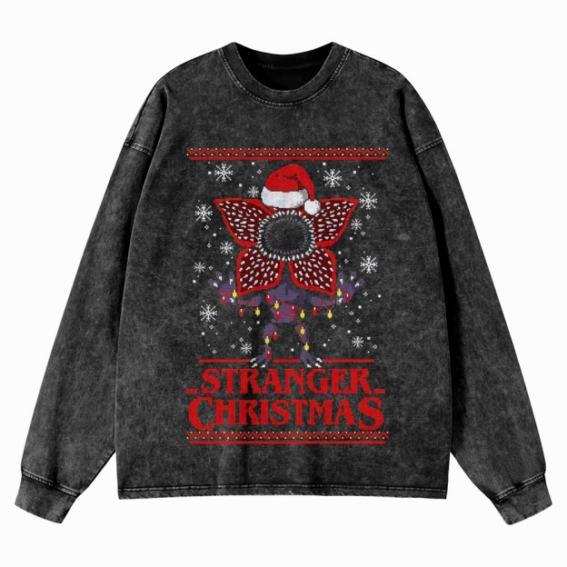 Retro "Stranger Christmas" Festive Creature Ugly Sweater-Style Graphic Washed Long-Sleeved T-Shirt 