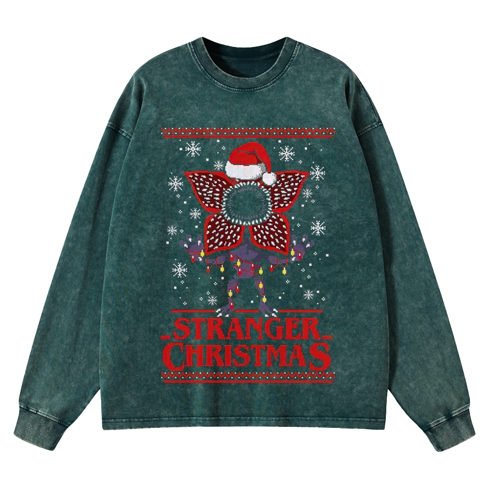 Retro "Stranger Christmas" Festive Creature Ugly Sweater-Style Graphic Washed Long-Sleeved T-Shirt 