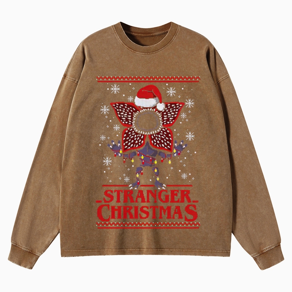 Retro "Stranger Christmas" Festive Creature Ugly Sweater-Style Graphic Washed Long-Sleeved T-Shirt