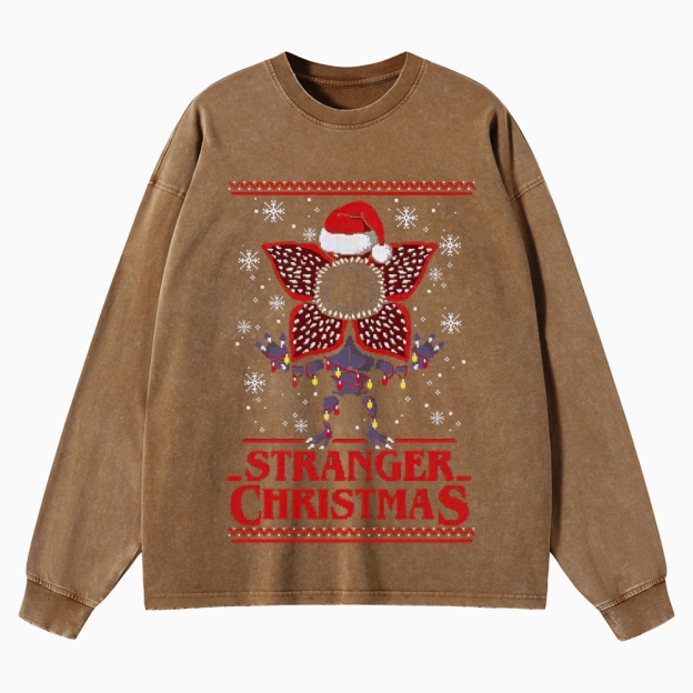 Retro "Stranger Christmas" Festive Creature Ugly Sweater-Style Graphic Washed Long-Sleeved T-Shirt 