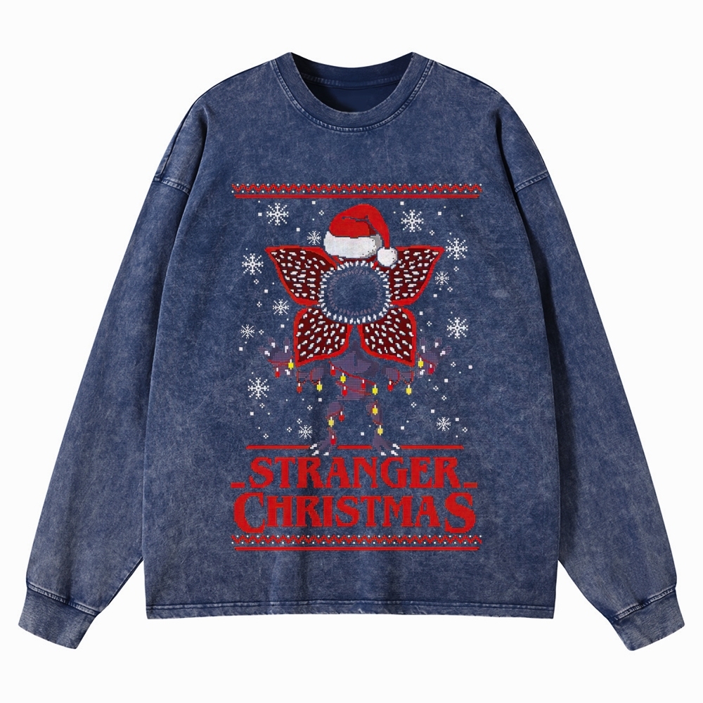 Retro "Stranger Christmas" Festive Creature Ugly Sweater-Style Graphic Washed Long-Sleeved T-Shirt 