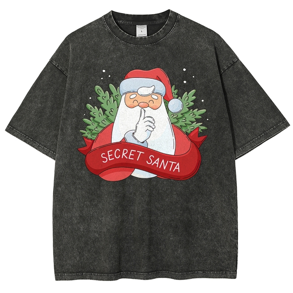 "Secret Santa" Festive Graphic  Washed T-Shirt 
