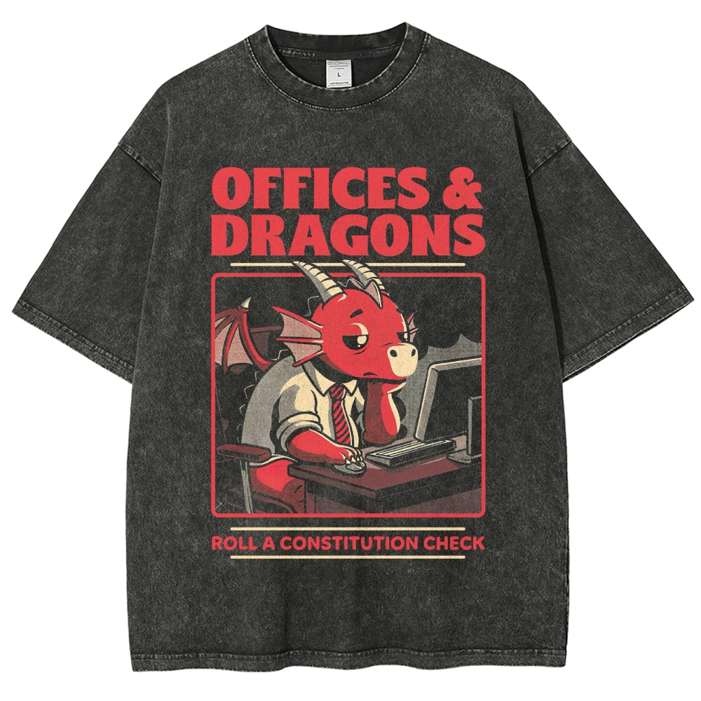 "Offices & Dragons Roll a Constitution Check" Fantasy Office Graphic Washed T-Shirt
