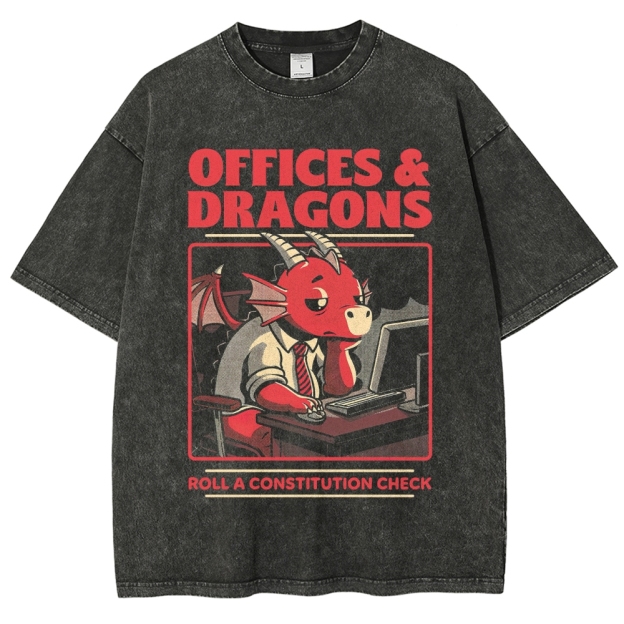"Offices & Dragons Roll a Constitution Check" Fantasy Office Graphic Washed T-Shirt