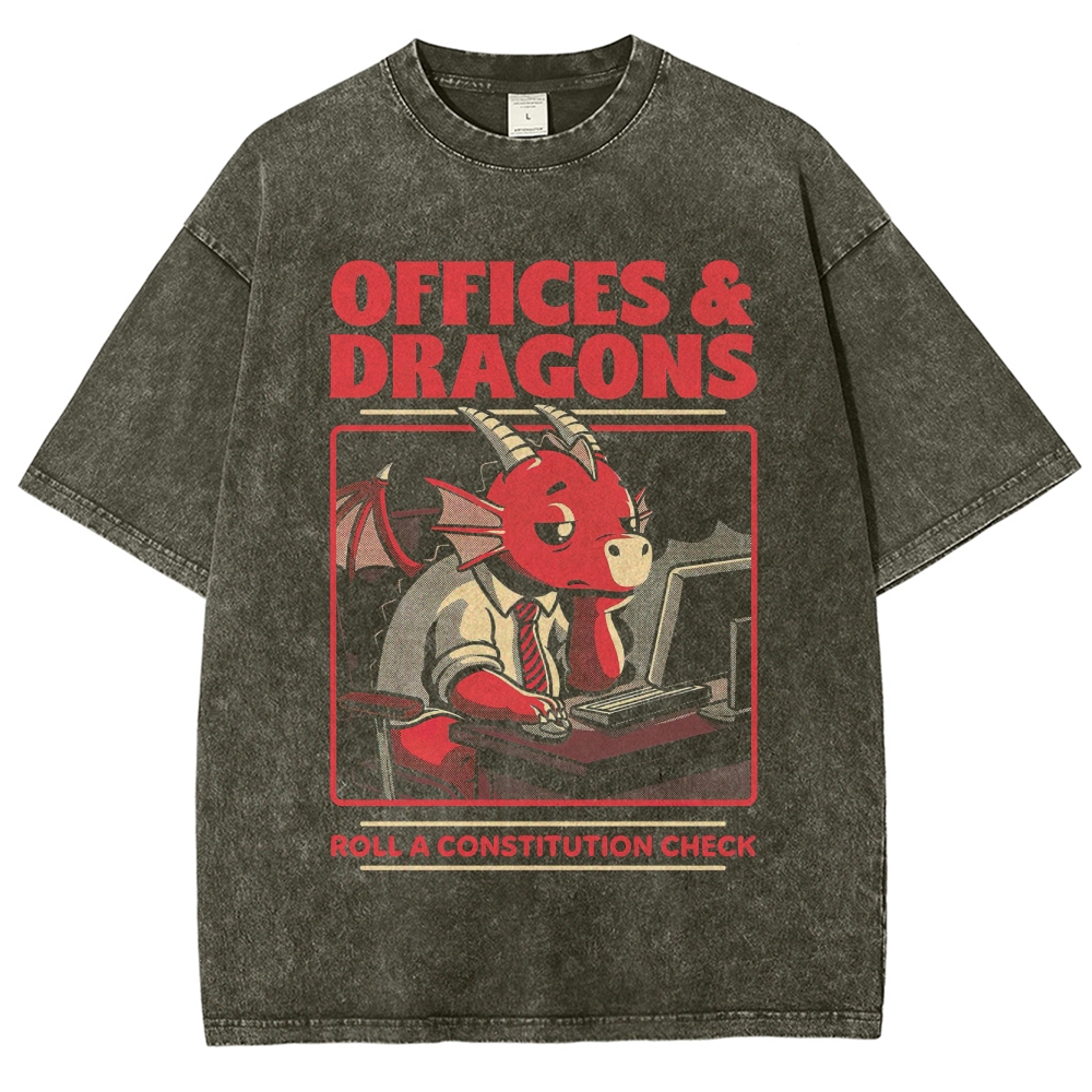 "Offices & Dragons Roll a Constitution Check" Fantasy Office Graphic Washed T-Shirt