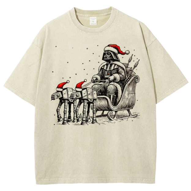 Darth Vader Christmas Sleigh Festive Sci-Fi Graphic Washed T-Shirt