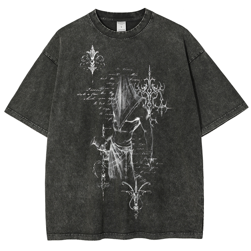 Gothic Dark Fantasy: Hooded Figure & Ornate Script Graphic Washed T-Shirt