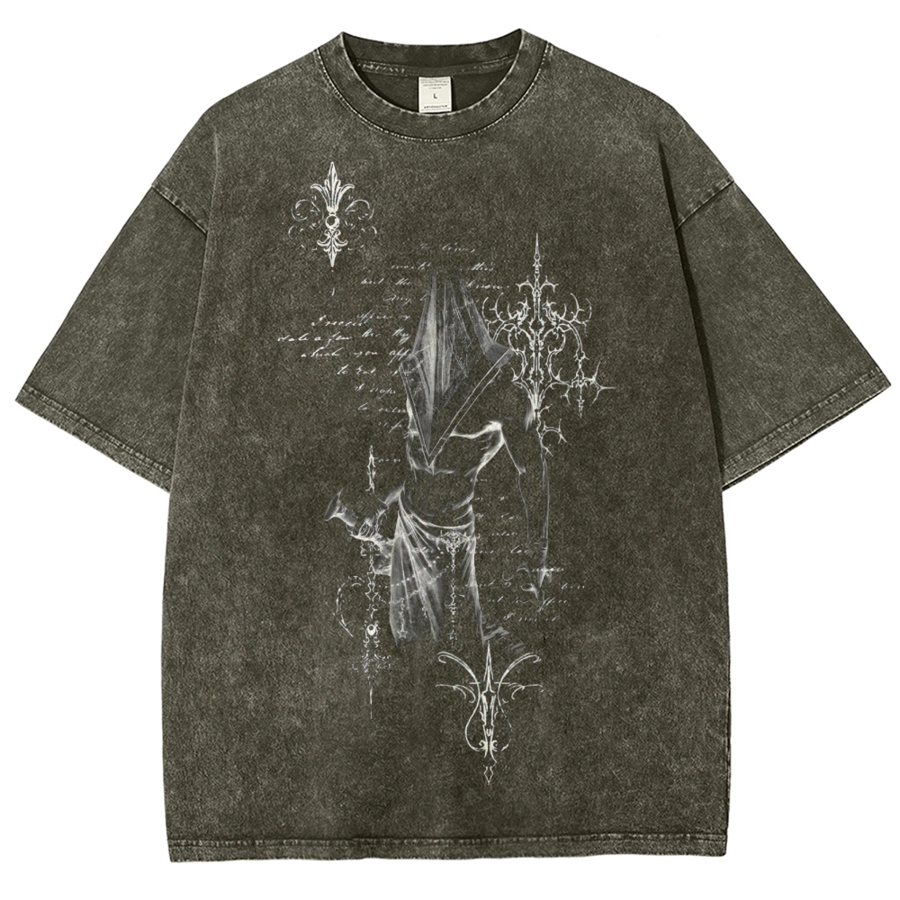Gothic Dark Fantasy: Hooded Figure & Ornate Script Graphic Washed T-Shirt