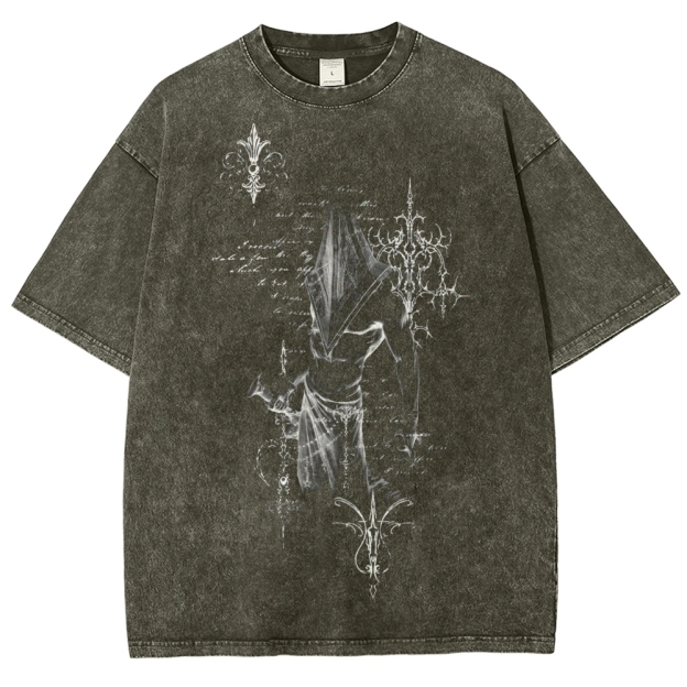 Gothic Dark Fantasy: Hooded Figure & Ornate Script Graphic Washed T-Shirt
