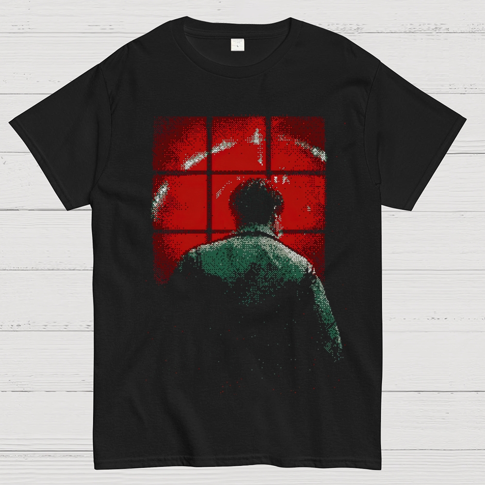 Moody Thriller: Silhouetted Figure & Glowing Window Graphic Cotton T-shirt