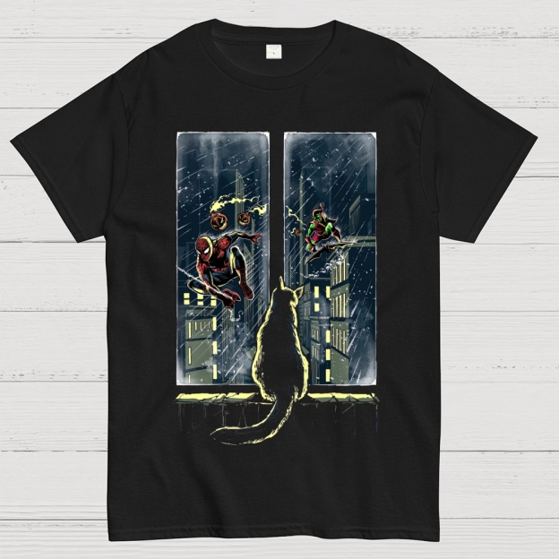 Urban Action: Dual-Window Hero & Villain Graphic Cotton T-shirt