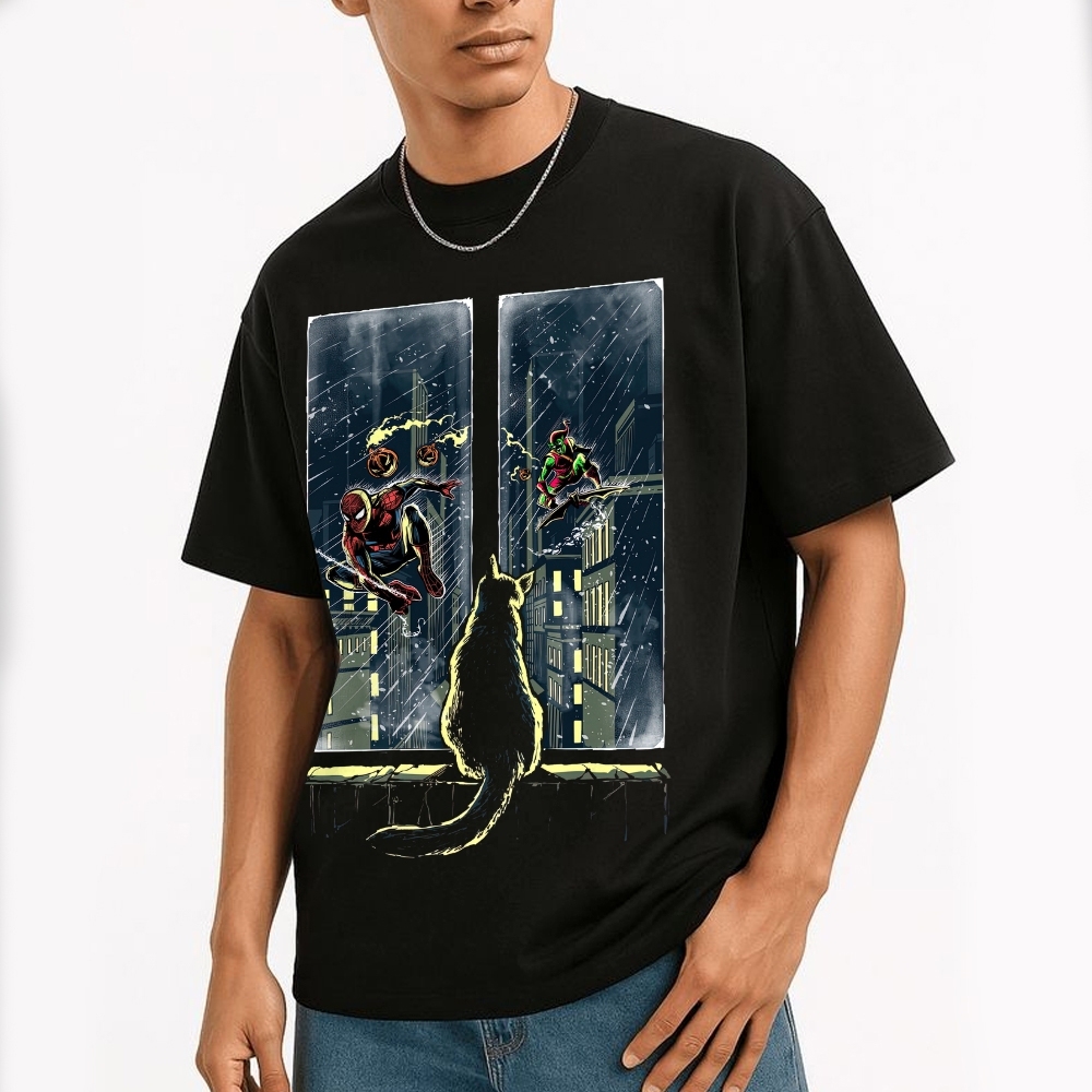 Urban Action: Dual-Window Hero & Villain Graphic Cotton T-shirt