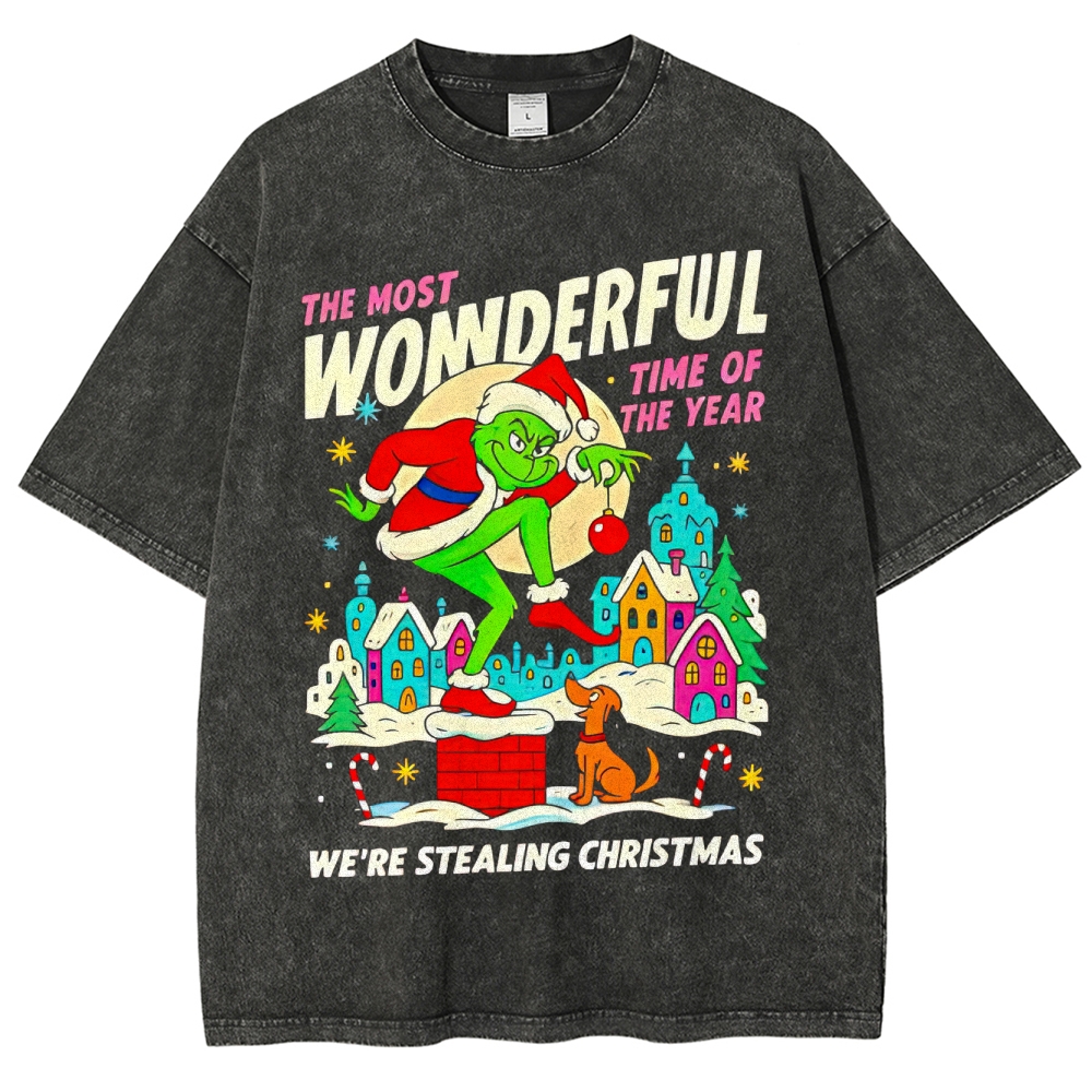 Festive Mischief: Playful Character & Christmas Town Graphic Washed T-Shirt