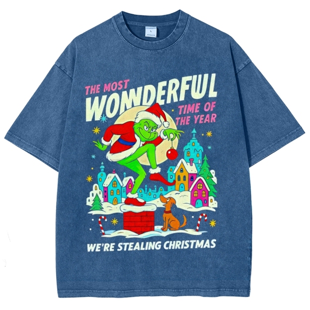 Festive Mischief: Playful Character & Christmas Town Graphic Washed T-Shirt