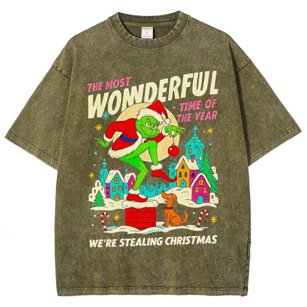 Festive Mischief: Playful Character & Christmas Town Graphic Washed T-Shirt