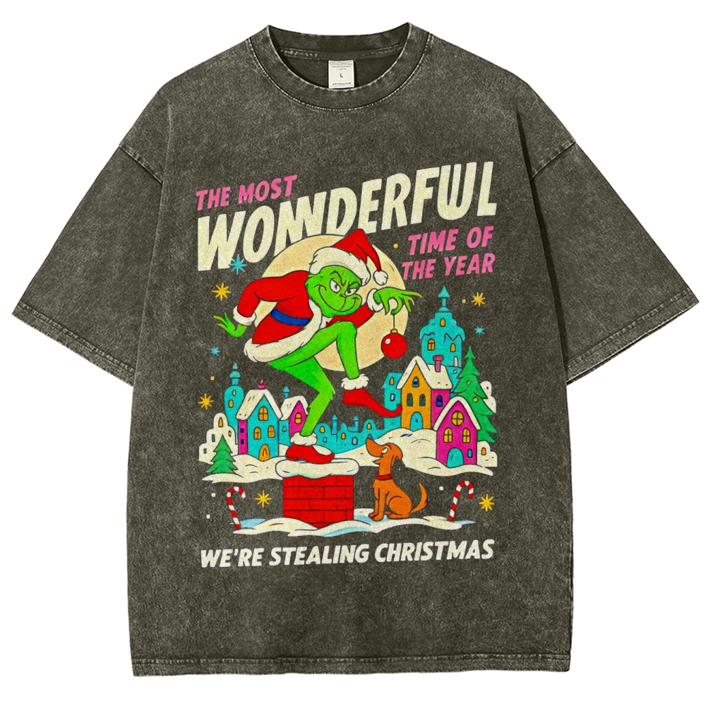 Festive Mischief: Playful Character & Christmas Town Graphic Washed T-Shirt