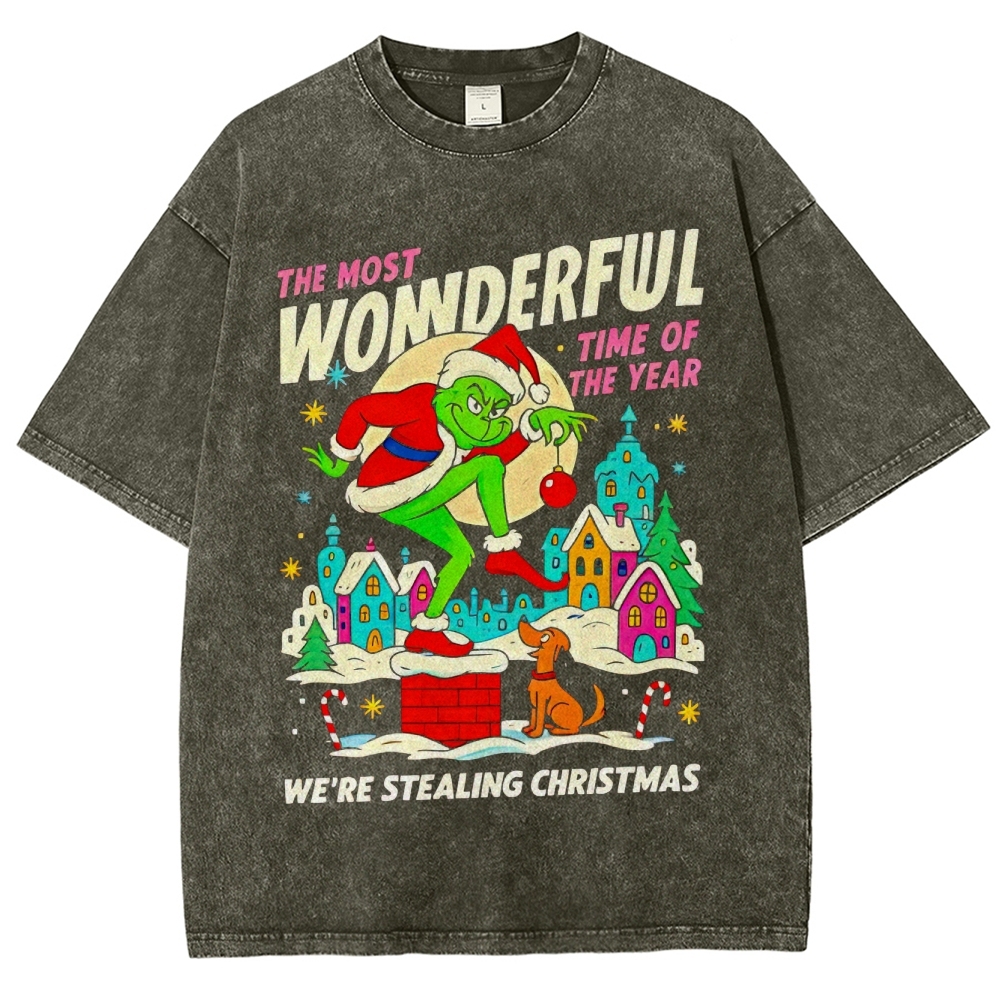 Festive Mischief: Playful Character & Christmas Town Graphic Washed T-Shirt