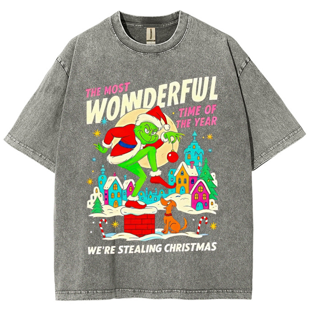 Festive Mischief: Playful Character & Christmas Town Graphic Washed T-Shirt