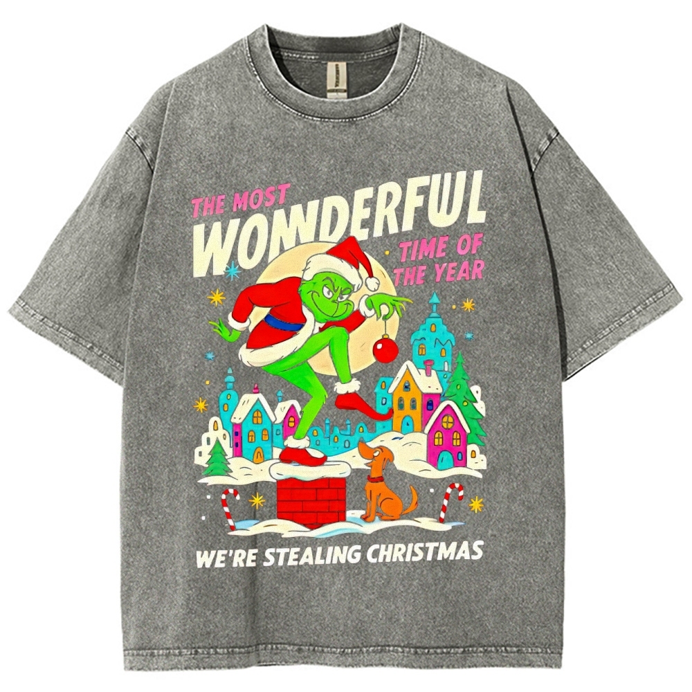 Festive Mischief: Playful Character & Christmas Town Graphic Washed T-Shirt
