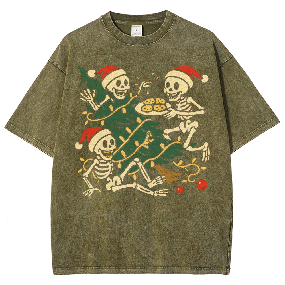 Festive Spooky Fun: Skeleton Christmas Gathering Graphic Washed T-Shirt