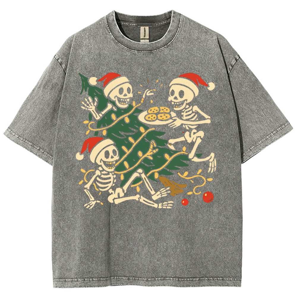 Festive Spooky Fun: Skeleton Christmas Gathering Graphic Washed T-Shirt