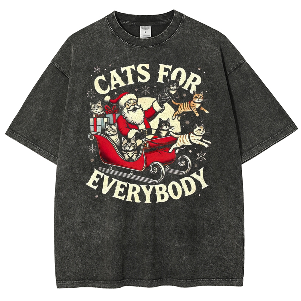Festive Feline Cheer: Santa & Cats Sleigh Graphic Washed T-Shirt