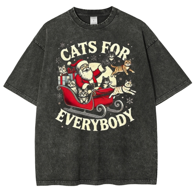 Festive Feline Cheer: Santa & Cats Sleigh Graphic Washed T-Shirt