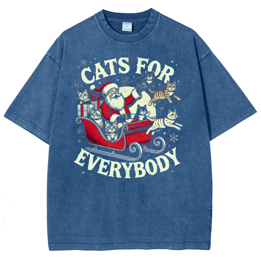 Festive Feline Cheer: Santa & Cats Sleigh Graphic Washed T-Shirt