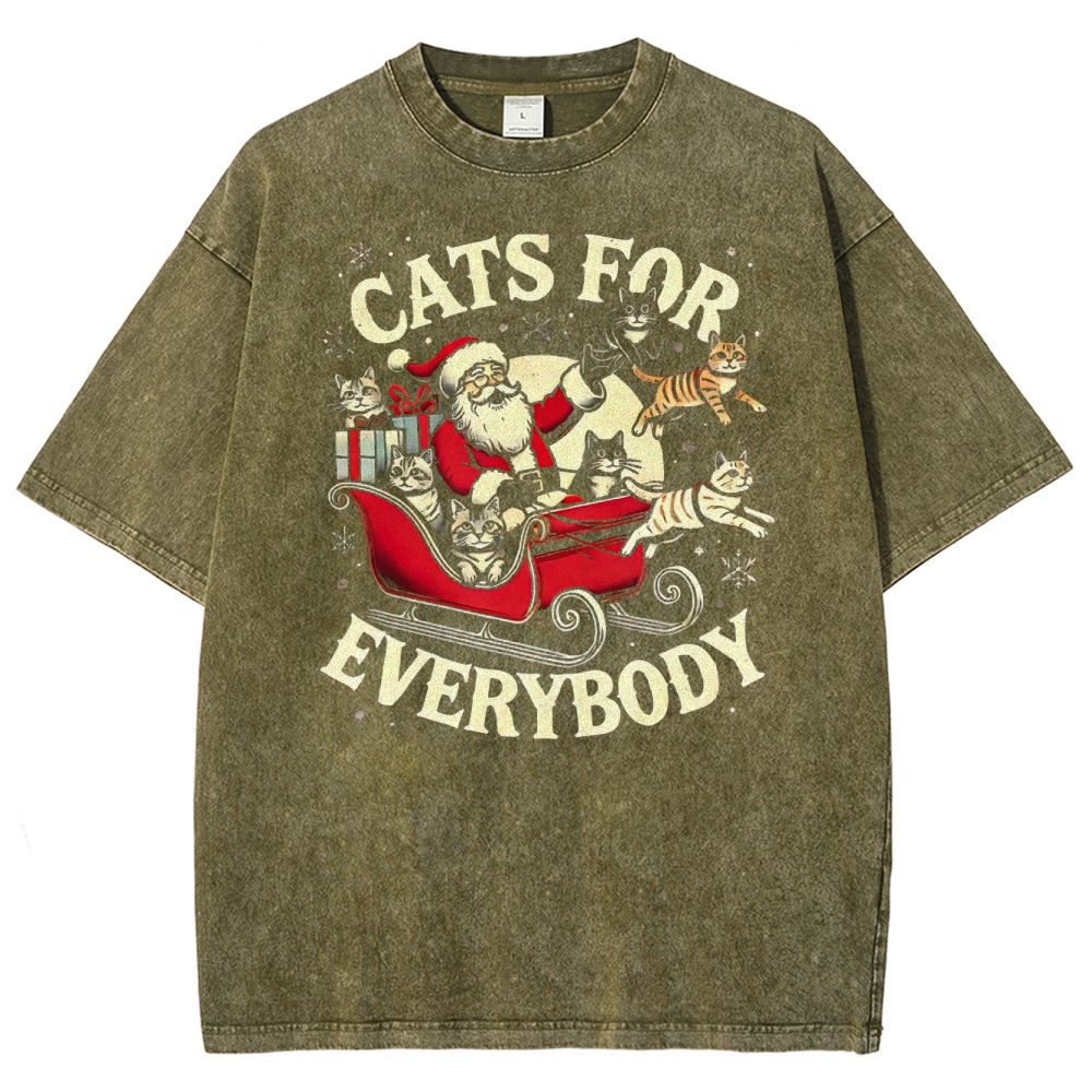 Festive Feline Cheer: Santa & Cats Sleigh Graphic Washed T-Shirt