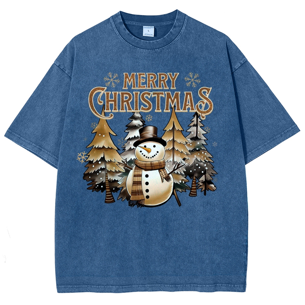 Cozy Holiday Charm: Snowman & Christmas Trees Graphic Washed T-Shirt
