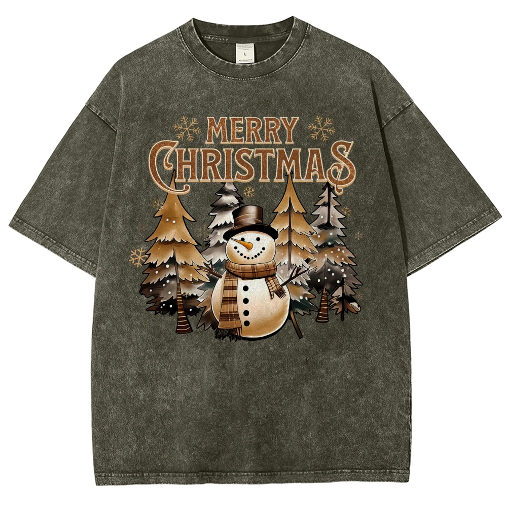 Cozy Holiday Charm: Snowman & Christmas Trees Graphic Washed T-Shirt