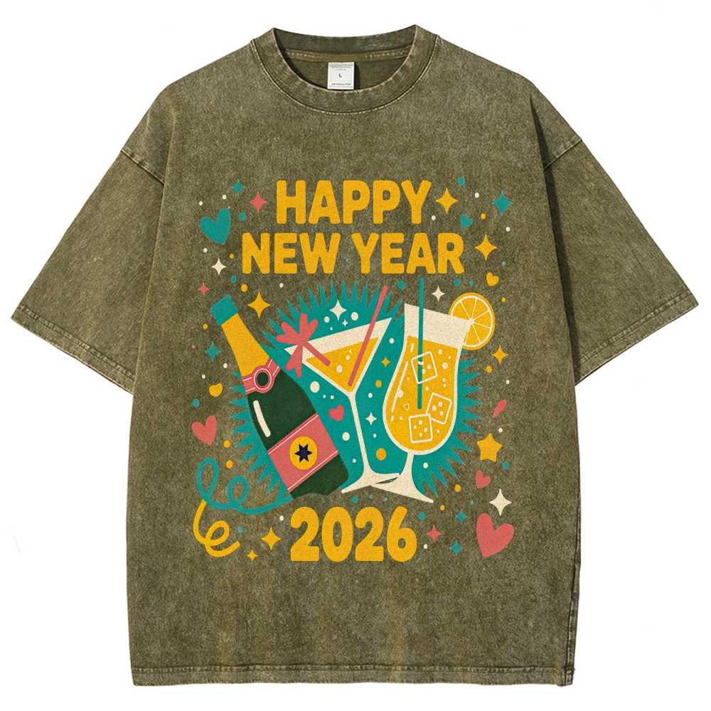 Festive Cheers: Happy New Year 2026 Graphic Washed T-Shirt