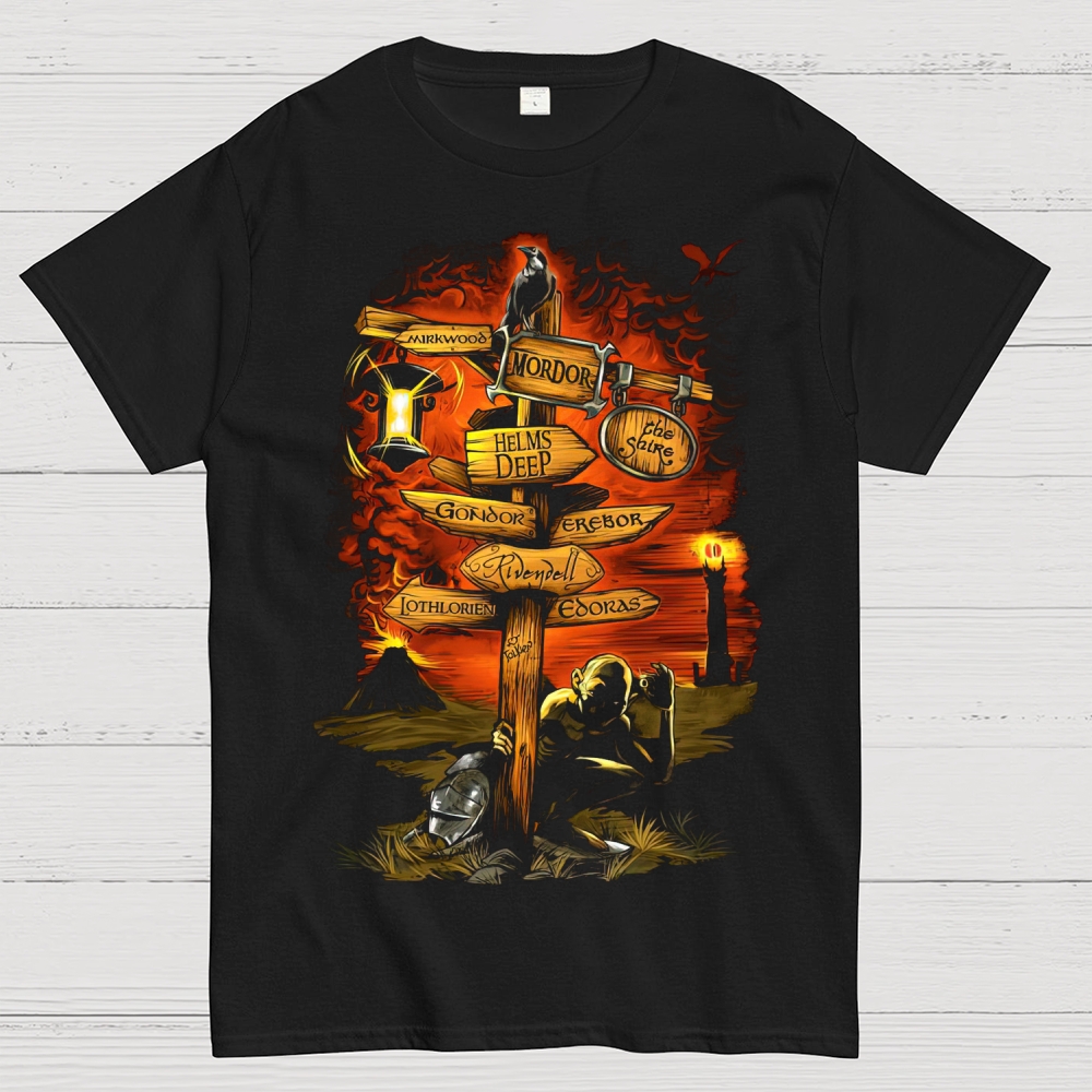 Fantasy Quest Crossroads Signpost Graphic Cotton T-shirt