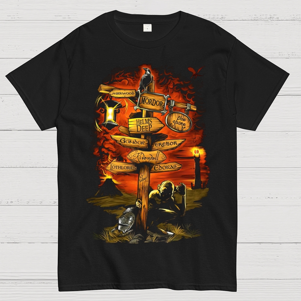 Fantasy Quest Crossroads Signpost Graphic Cotton T-shirt
