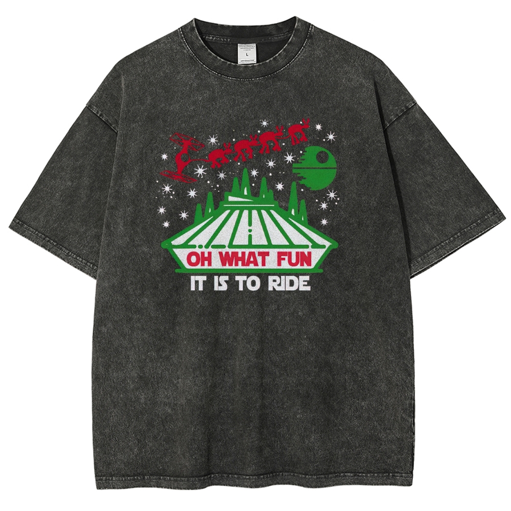 Oh What Fun It Is To Ride Holiday Sci-Fi Graphic Washed T-Shirt