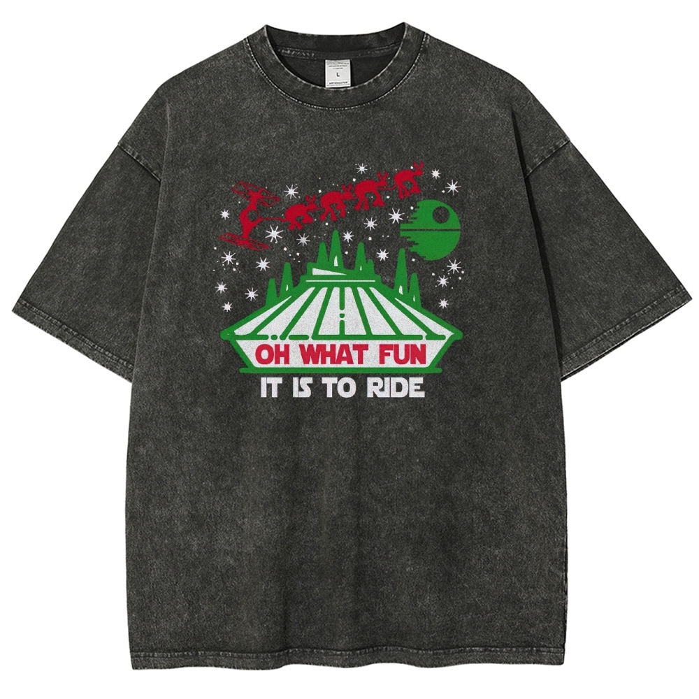 Oh What Fun It Is To Ride Holiday Sci-Fi Graphic Washed T-Shirt