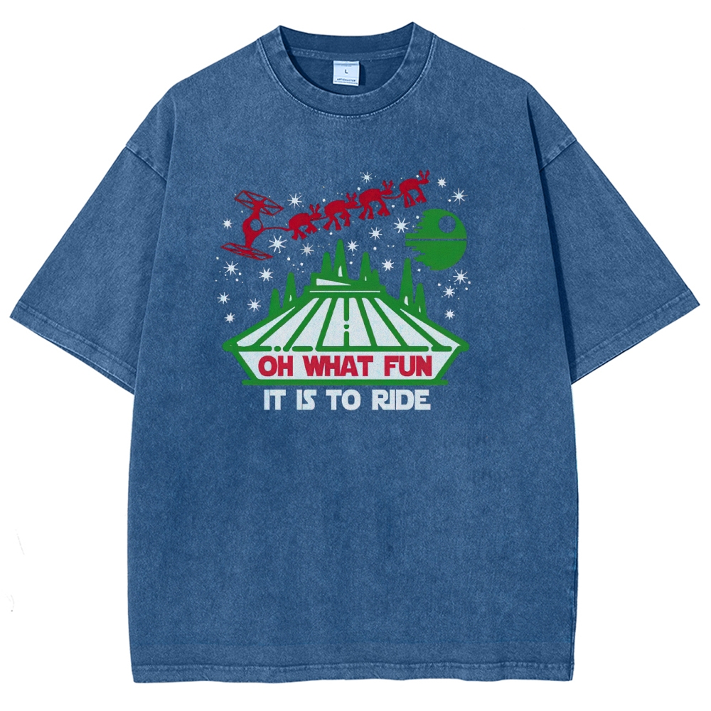 Oh What Fun It Is To Ride Holiday Sci-Fi Graphic Washed T-Shirt