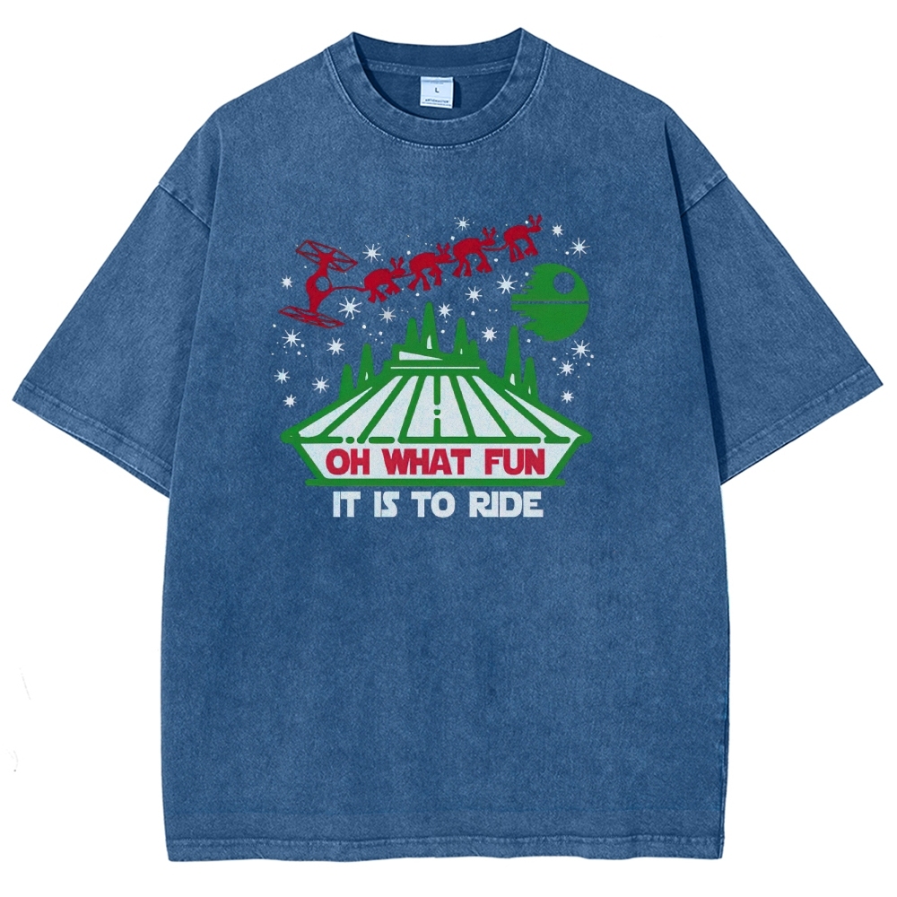 Oh What Fun It Is To Ride Holiday Sci-Fi Graphic Washed T-Shirt