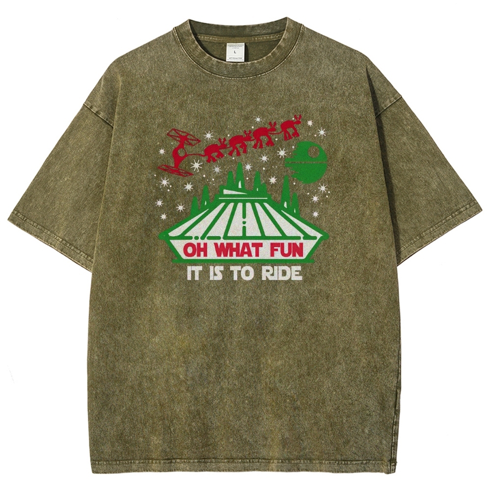 Oh What Fun It Is To Ride Holiday Sci-Fi Graphic Washed T-Shirt