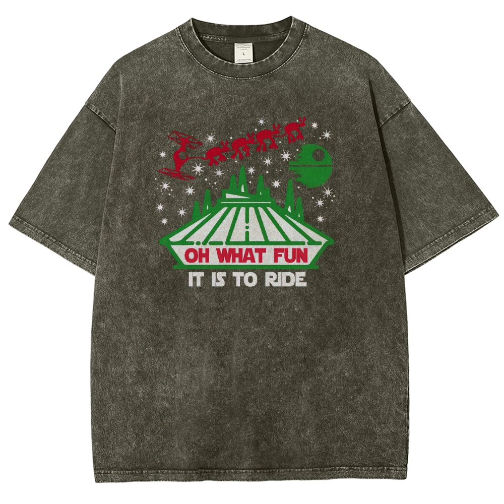 Oh What Fun It Is To Ride Holiday Sci-Fi Graphic Washed T-Shirt