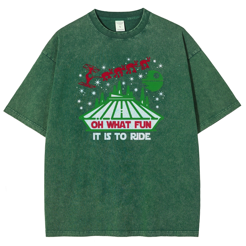Oh What Fun It Is To Ride Holiday Sci-Fi Graphic Washed T-Shirt