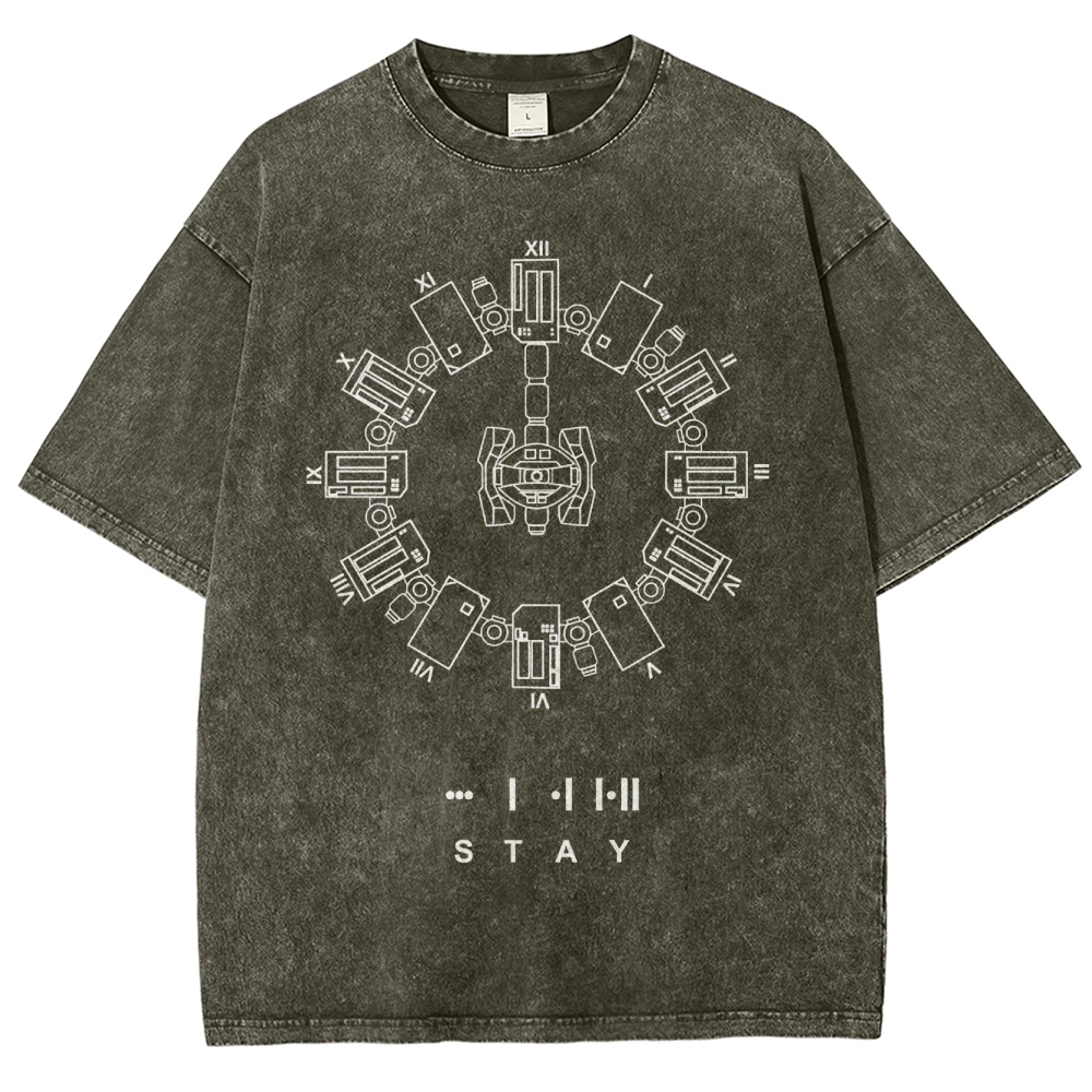 Circular Mechanized Symbol Graphic Washed T-Shirt
